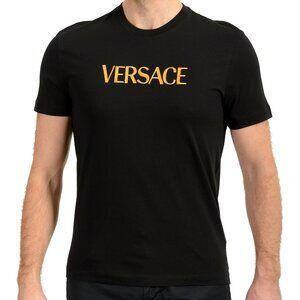 Versace Men's Black Short Sleeve Gold Logo Embroidery T-Shirt US S IT 48